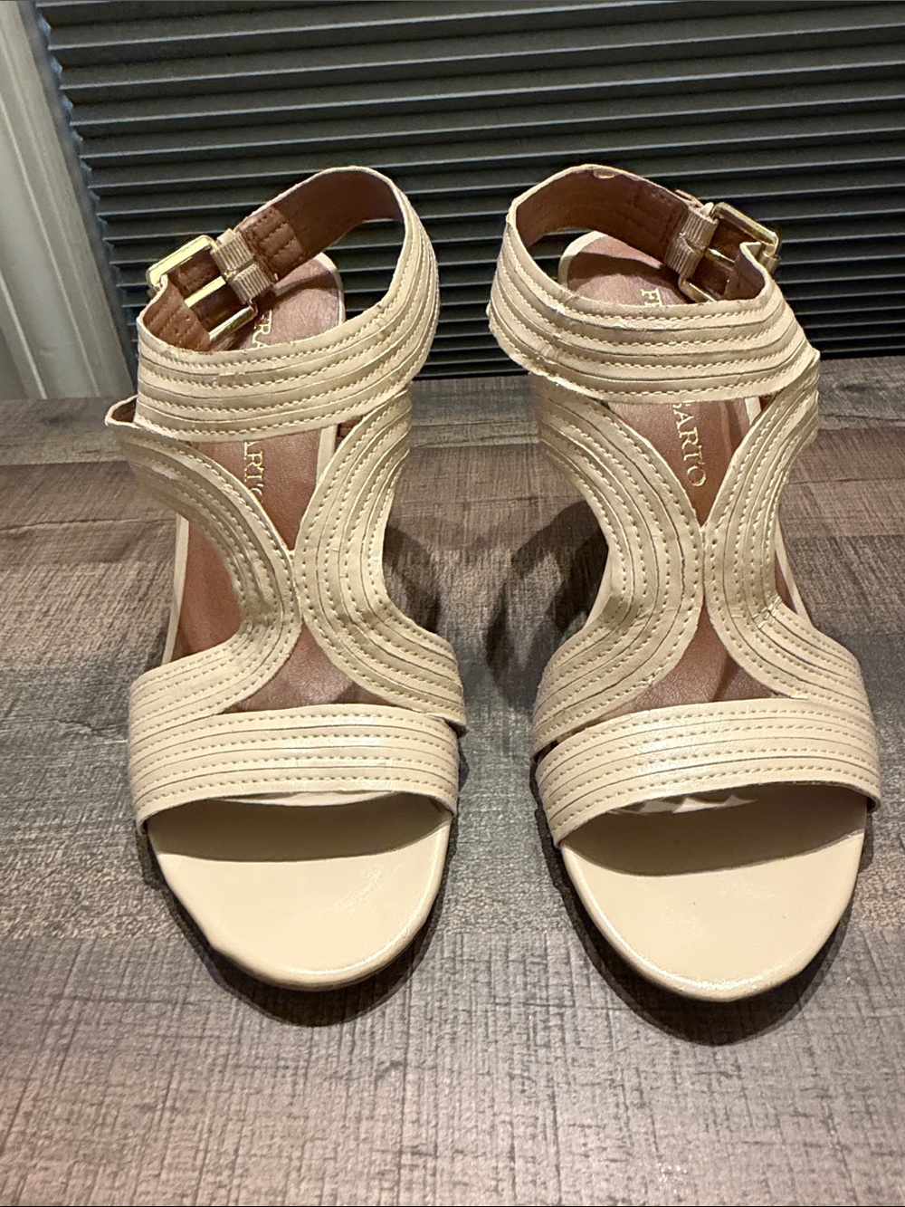 Franco Sarto Cream Strappy Cutout Heels with Gold Buckle